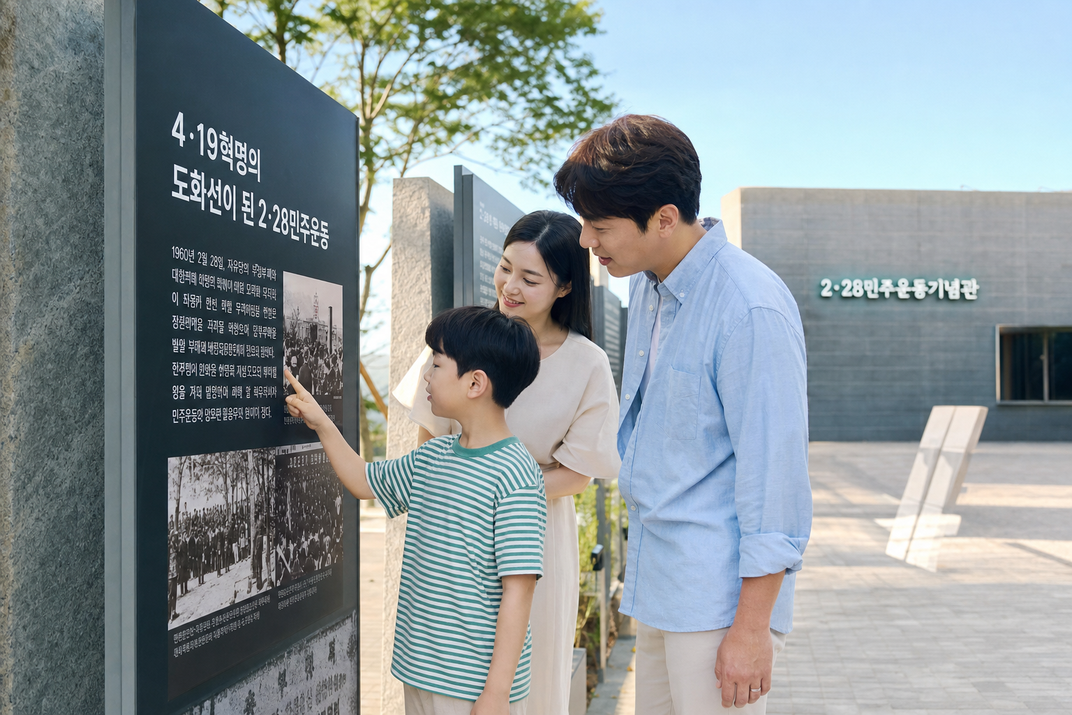 민주주의 역사 전시 공간에서 안내판을 읽는 가족 여행 모습