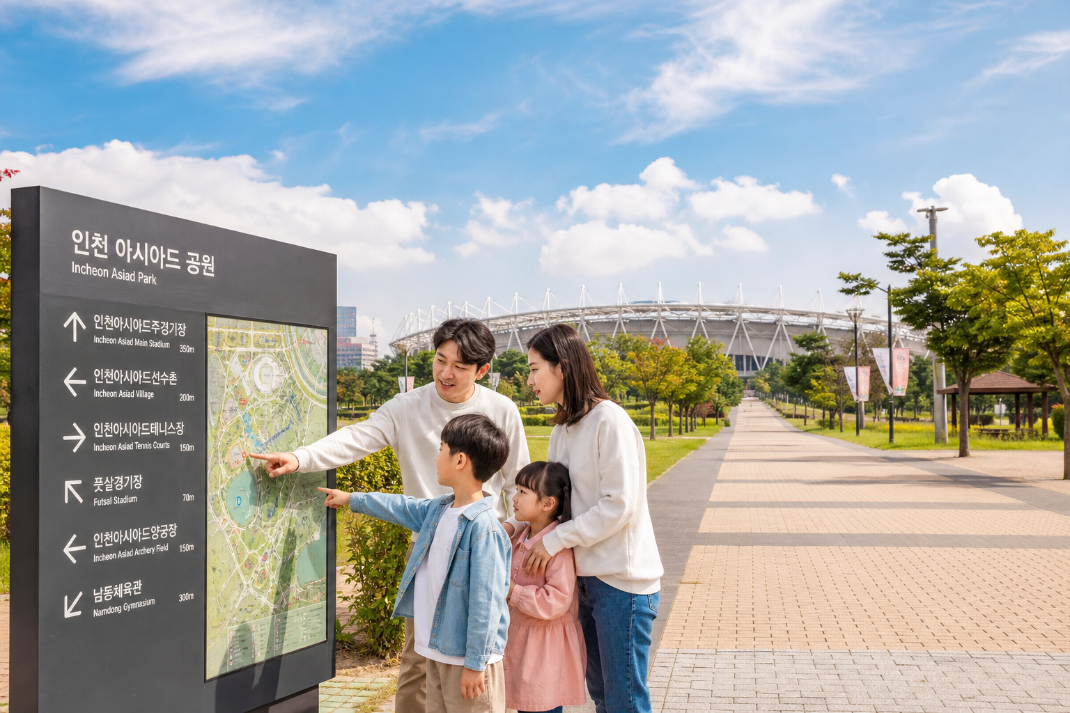 아시아드주경기장 인근 산책로에서 가족이 동선을 확인하는 모습