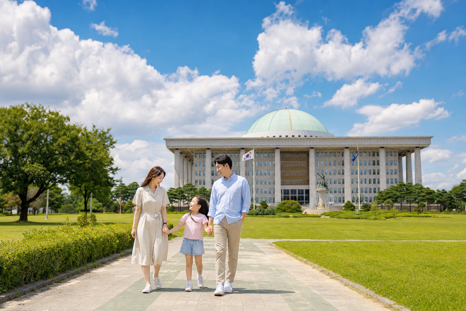 국회의사당 앞에서 가족이 걷는 제헌절 여행 장면