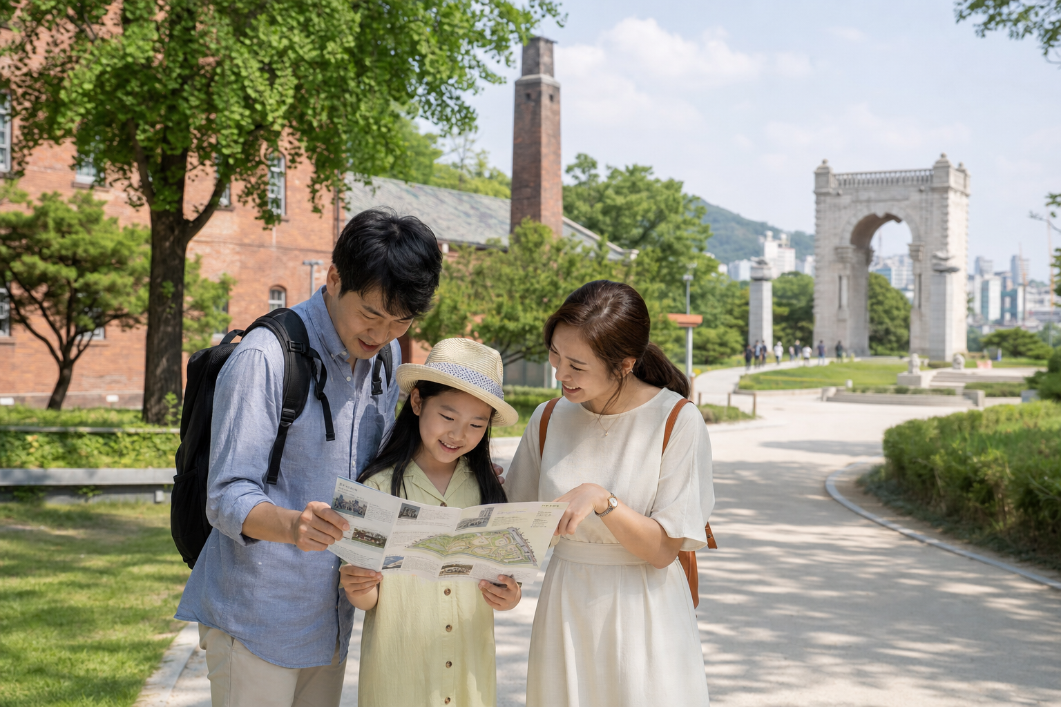 서대문형무소역사관과 독립문 일대를 가족이 둘러보는 역사 여행 장면