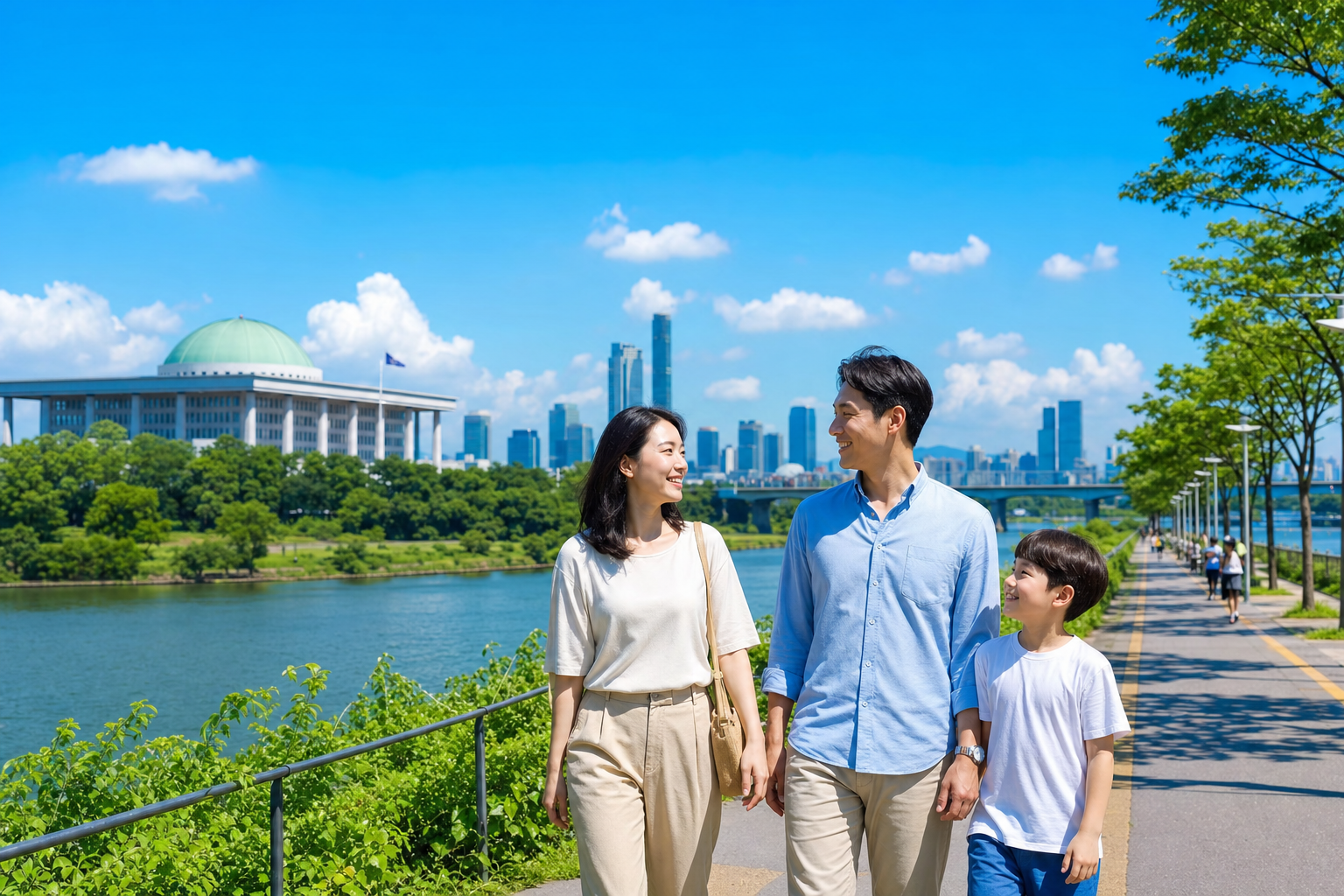 여의도 국회와 한강 주변을 산책하며 여행하는 한국인 가족