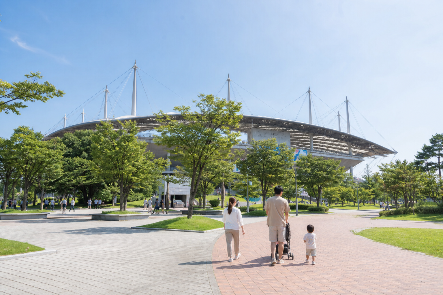 아시아드주경기장 일대에서 가족이 산책하는 여행 이미지