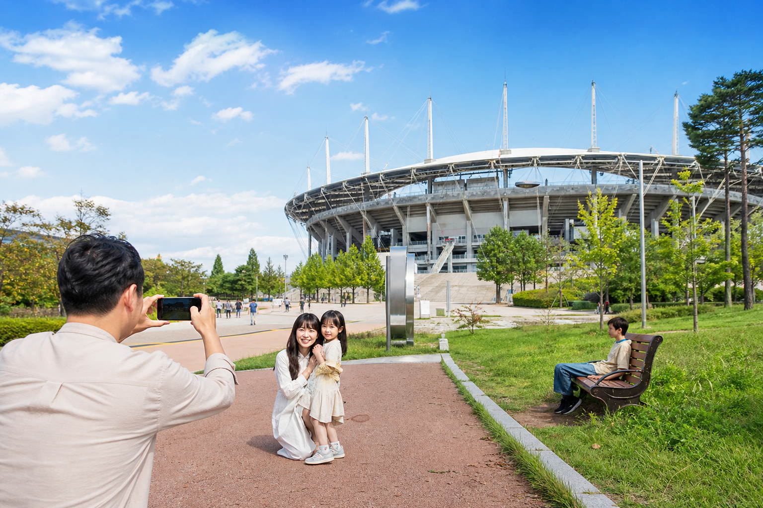 아시아드주경기장 근처에서 가족이 사진을 찍는 여행 이미지