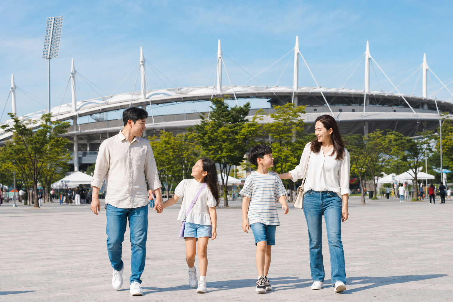 아시아경기대회장 주변에서 가족이 산책과 나들이를 즐기는 모습