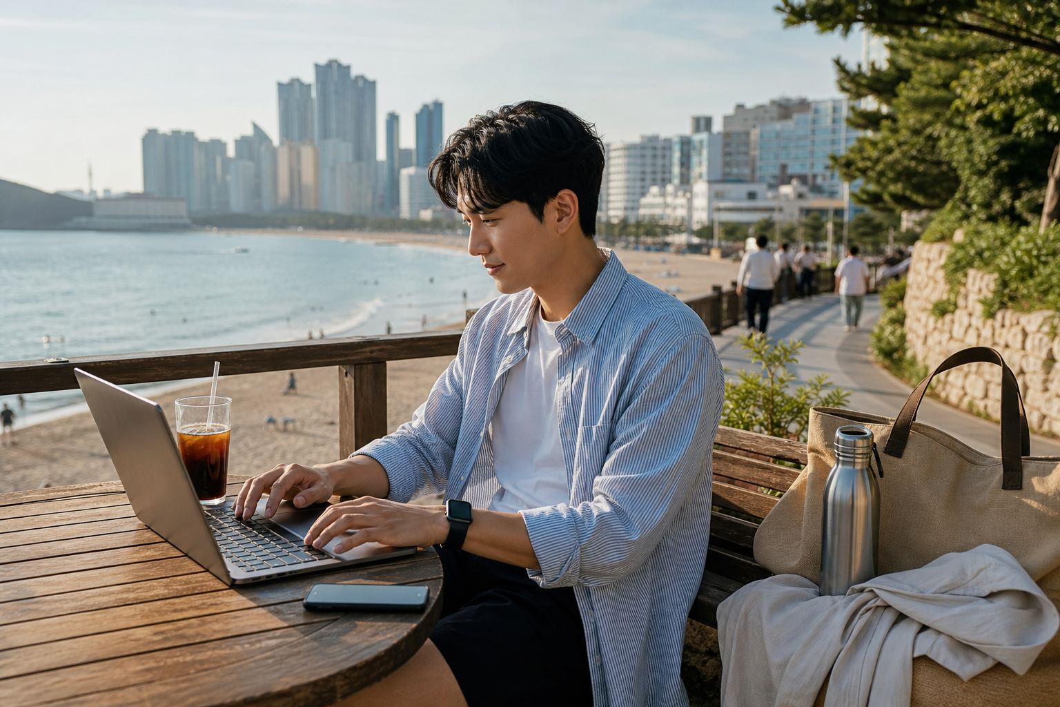 부산 해변 산책로와 워케이션 준비를 마친 여행자 모습