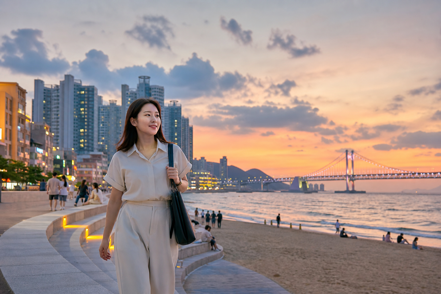 광안리 해변과 광안대교 야경을 배경으로 퇴근 후 산책하는 부산 워케이션 풍경