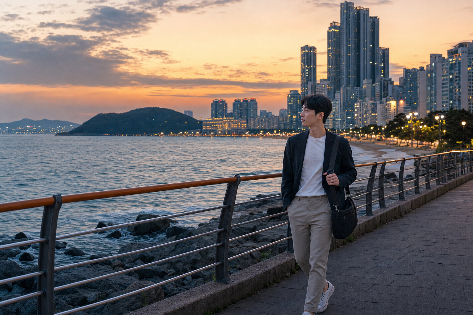 부산 해변 산책로를 걷는 워케이션 여행자