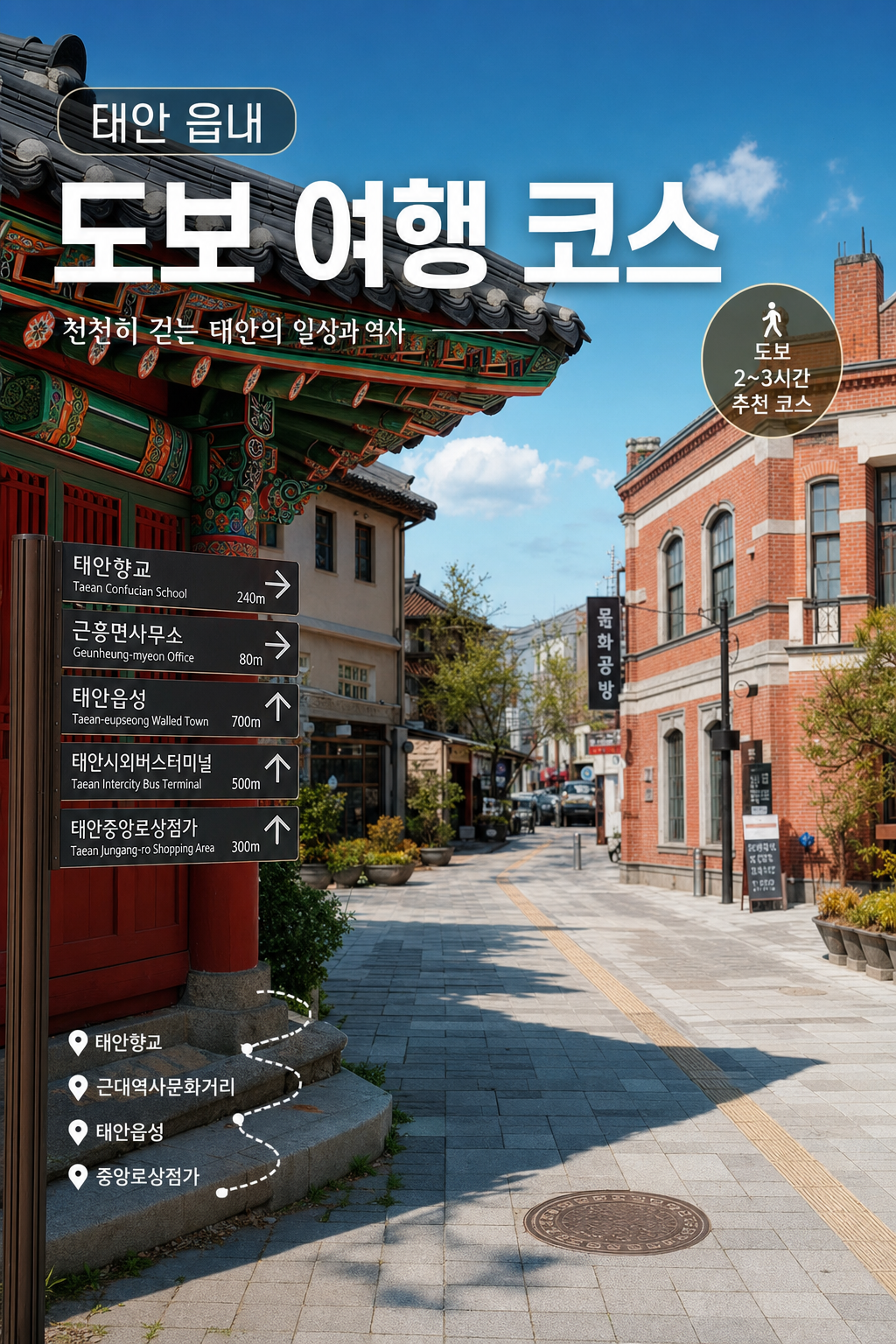 태안 읍내 도보 여행 코스에서 전통 단청과 붉은 벽돌 외관이 이어지는 거리