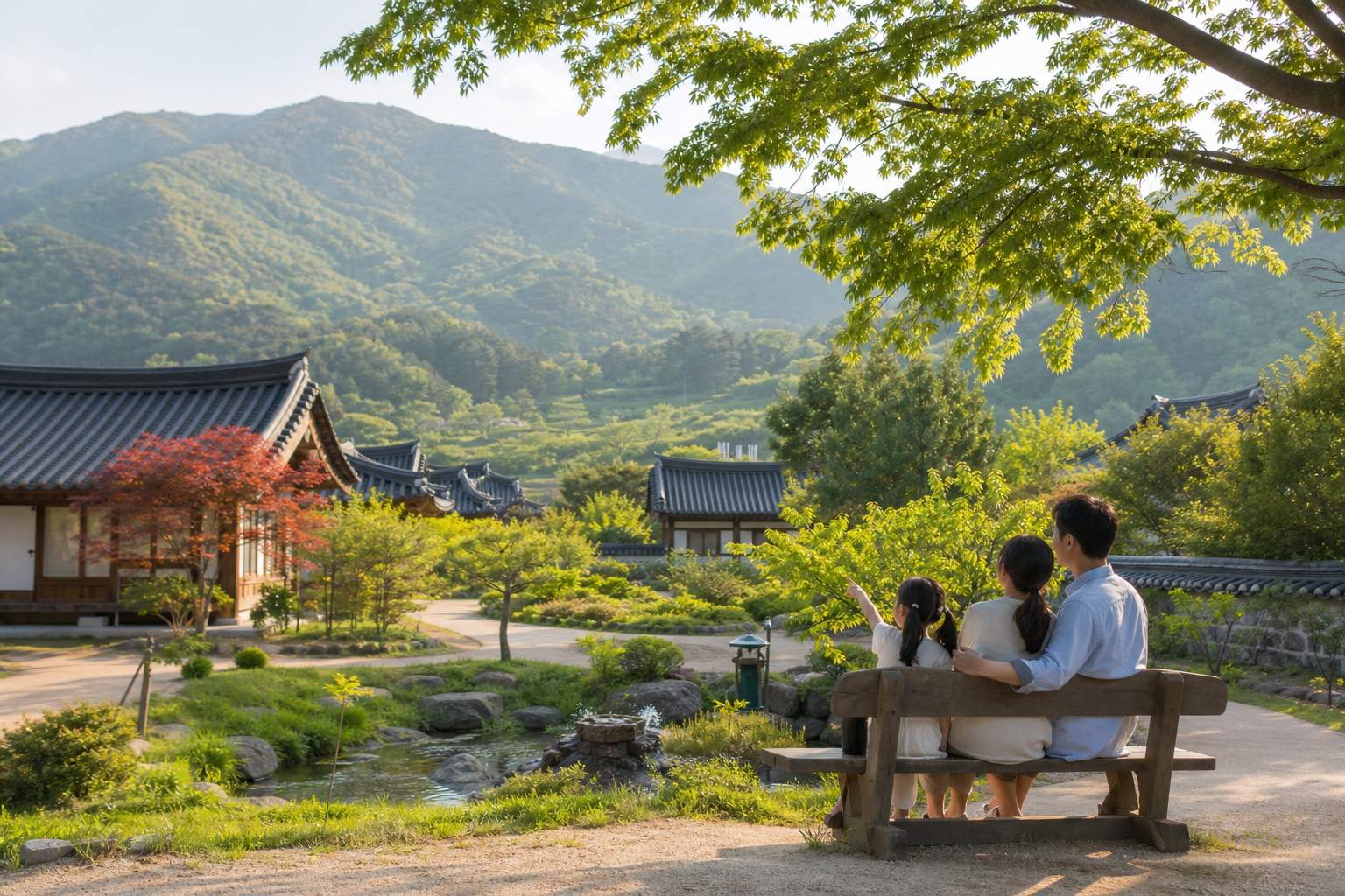 경남 산청 지리산 자락 전통 정원에서 쉬어가는 가족 여행 장면
