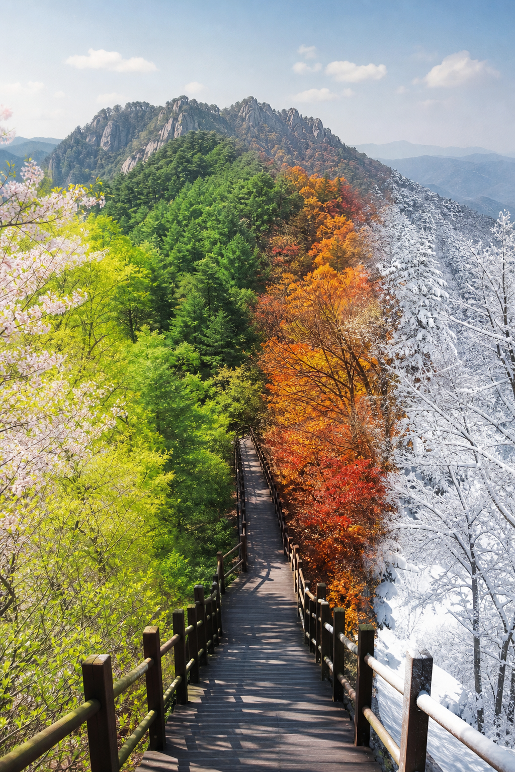사계절 숲길 풍경과 나무 데크 산책로