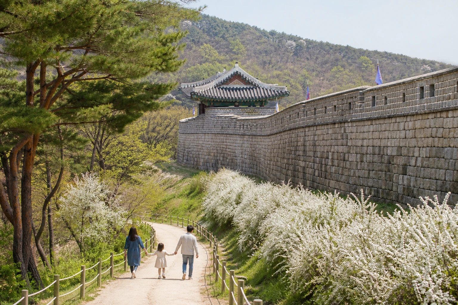 홍성 역사 여행에서 성곽과 주변 역사 포인트를 짧게 묶어 걷는 코스를 보여주는 도보 동선 분위기의 풍경