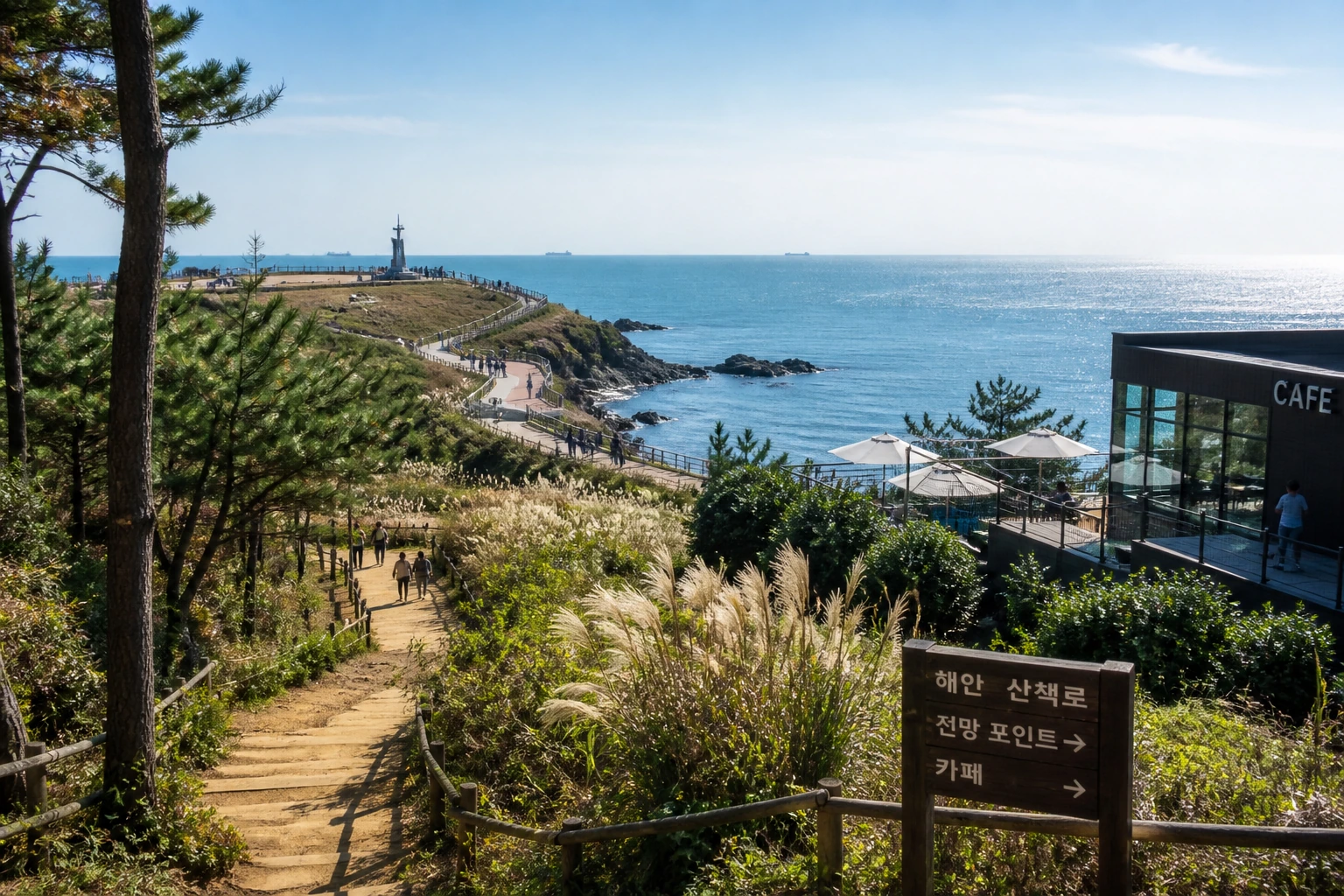 울주 해안 산책과 휴식 구간을 잇는 당일치기 동선을 보여주는 바닷가 전망과 카페 분위기