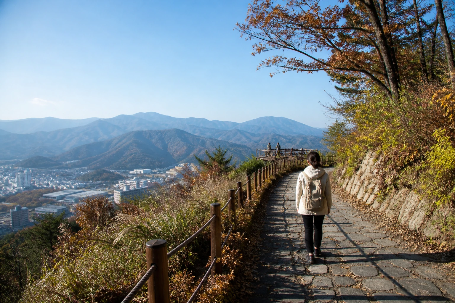 태백의 시내에서 산책형 전망 포인트로 이동하는 장면을 담은 여행자와 산책로 풍경, 반나절 코스의 순서감을 보여주는 이미지