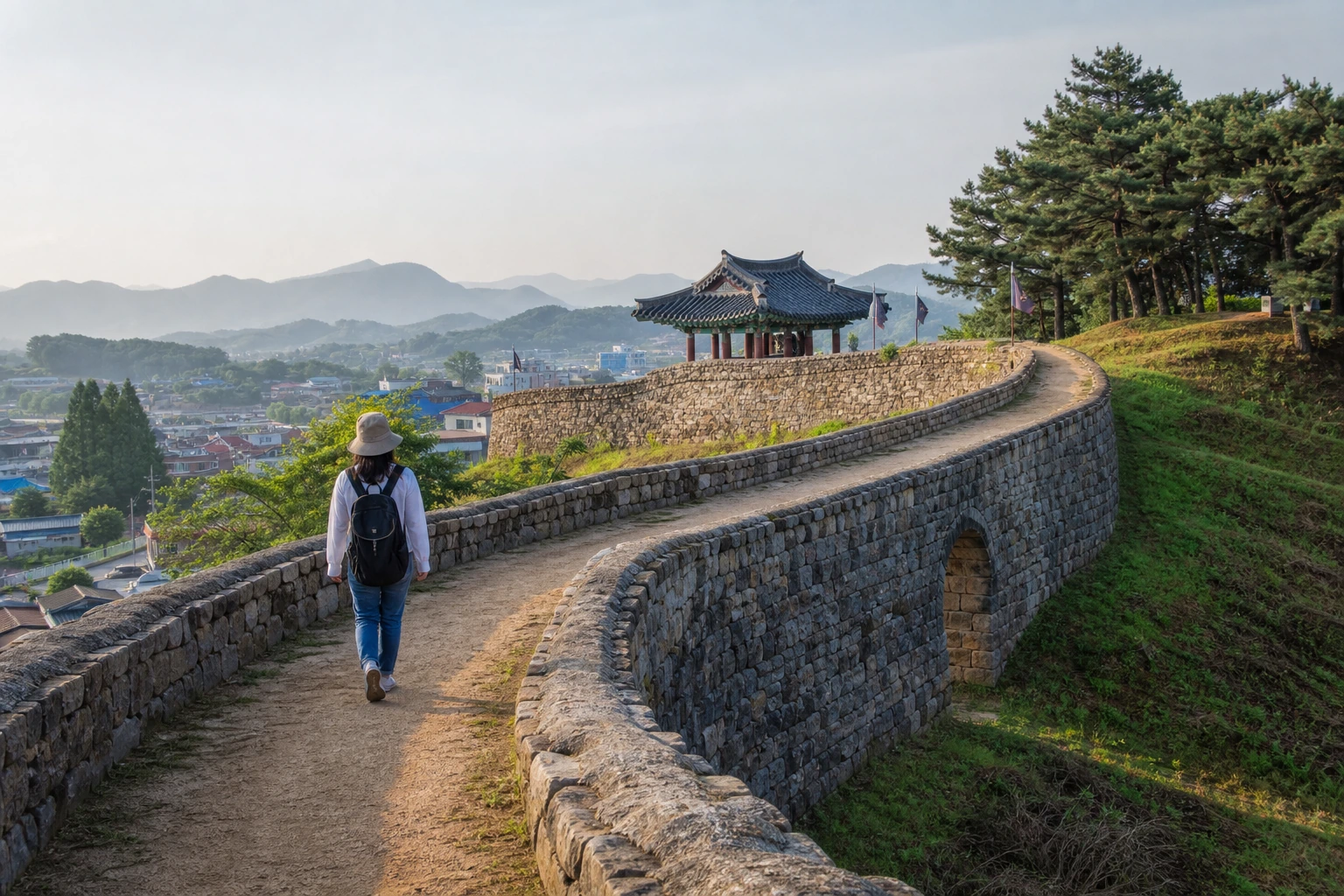 고창읍성 성곽을 따라 걷는 여행 장면과 고창 읍내가 보이는 동선 설명 이미지