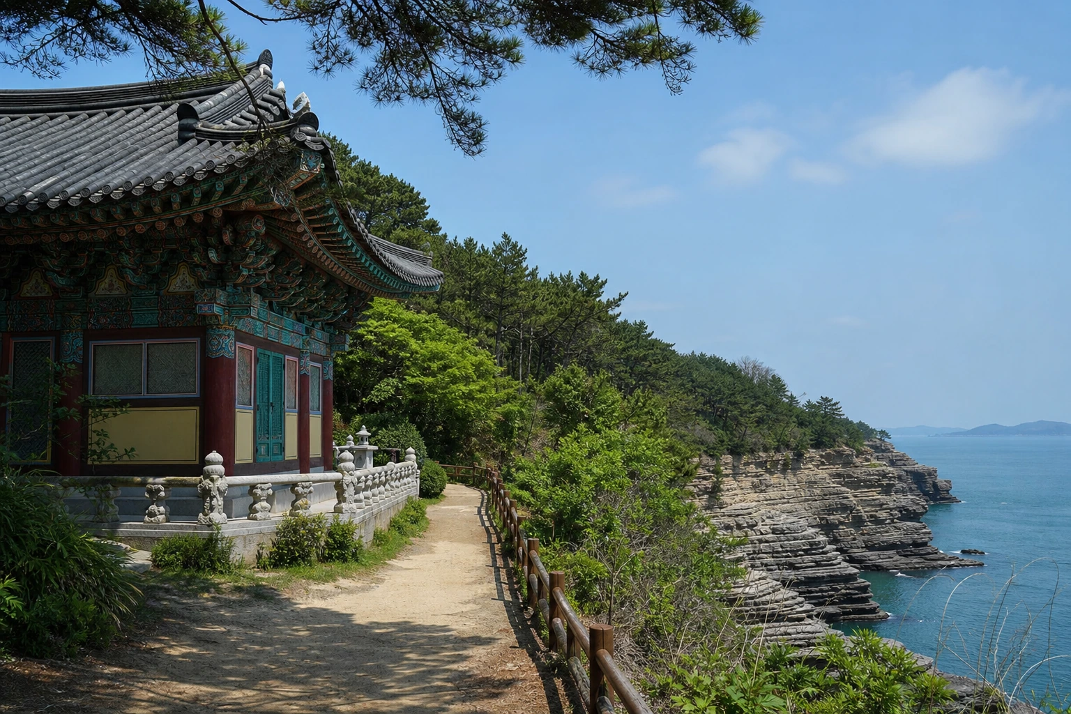 내소사 분위기의 사찰 숲길과 채석강 느낌의 해안 절벽이 이어지는 부안 여행 동선 포토리얼리즘 이미지