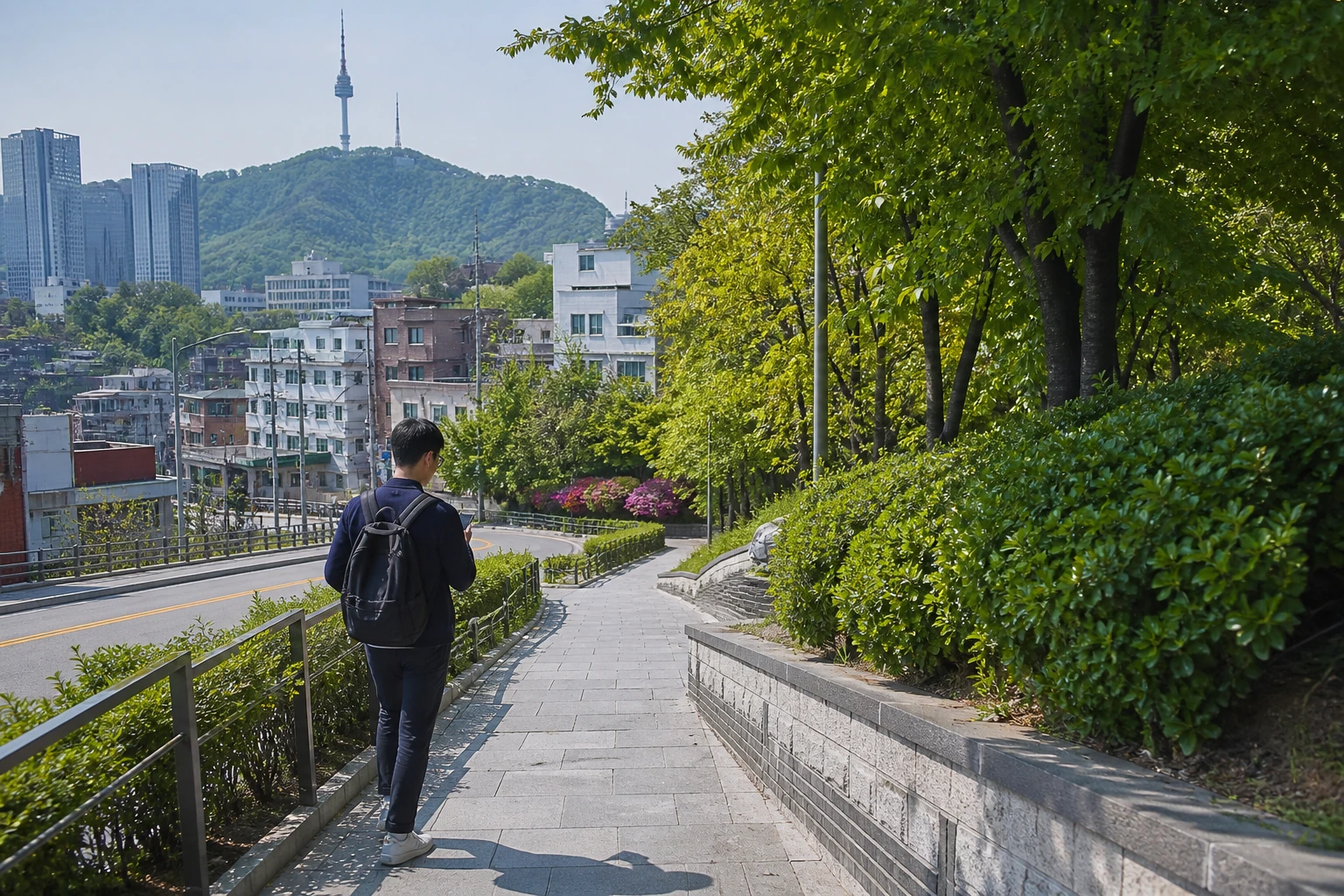 예장동 쪽 남산공원 접근 동선을 확인하는 스마트폰 내비게이션과 경사진 보행로 풍경
