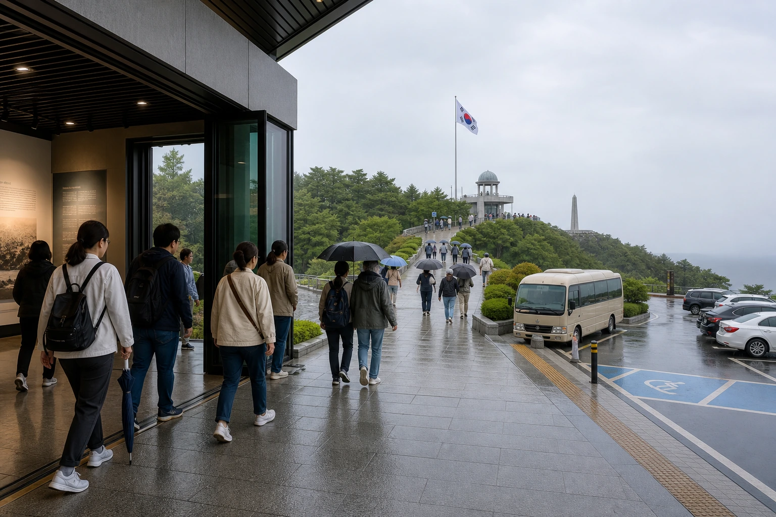 우천과 주차, 이동 동선을 함께 확인하며 안보 관광명소 순서를 점검하는 여행자와 실내 안내 공간