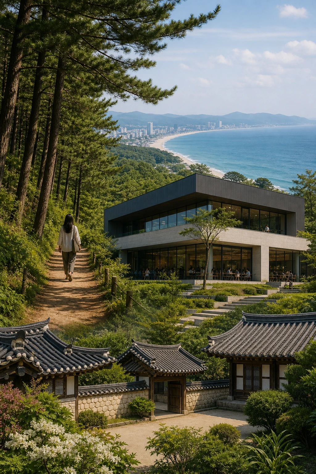 국립대관령자연휴양림과 강릉 시내, 오죽헌, 동해 해안으로 이어지는 코스 흐름을 보여주는 여행 이미지