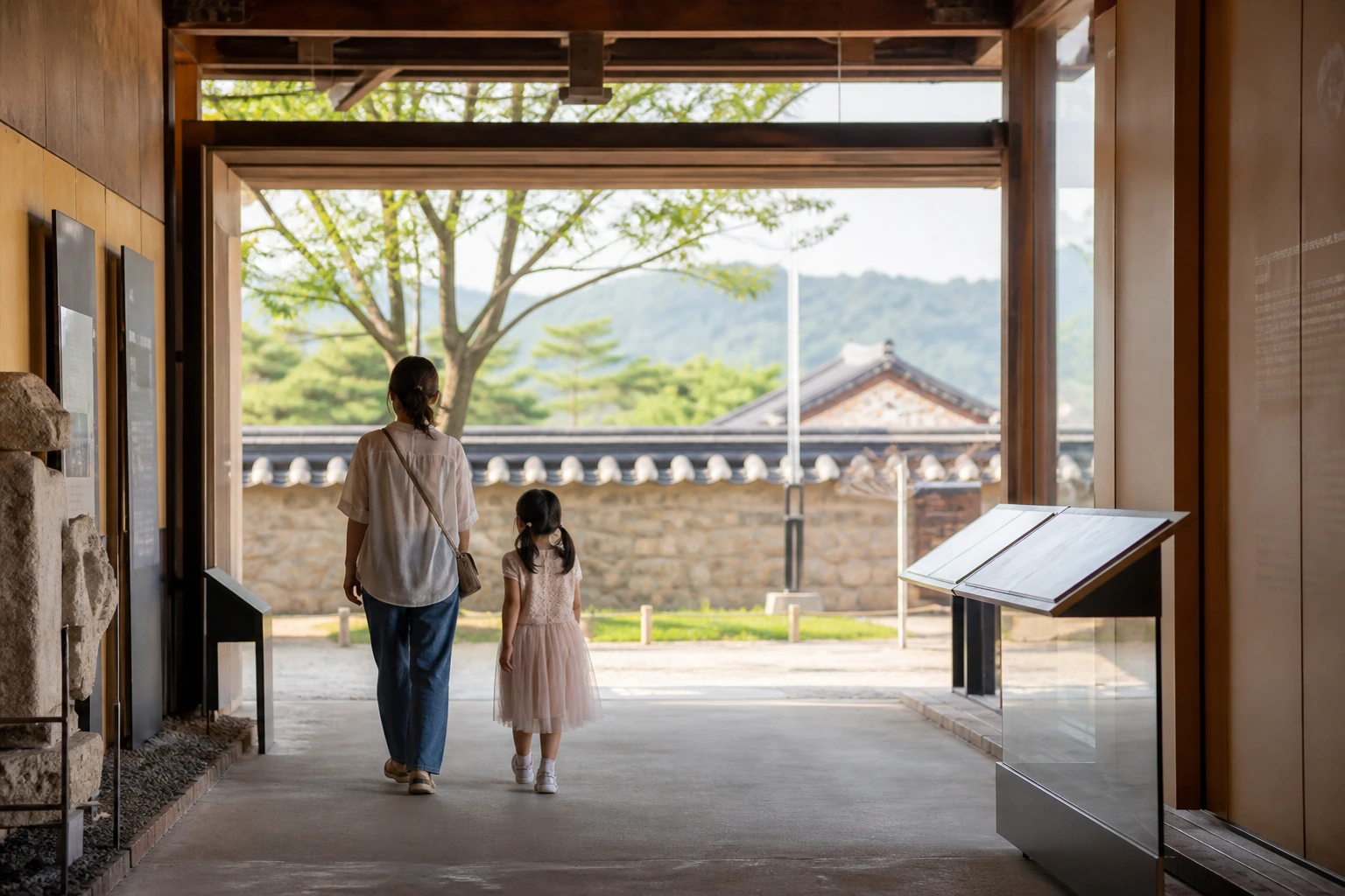 홍성 역사 공간을 걸으며 해설판과 전시를 함께 보는 장면