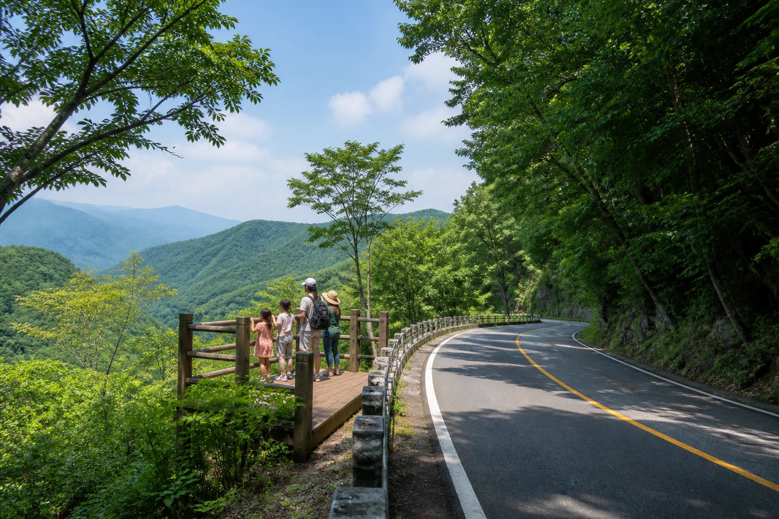 덕유산 권역의 초록 숲길과 산악 도로가 이어지는 무주 여름 코스 안내용 풍경