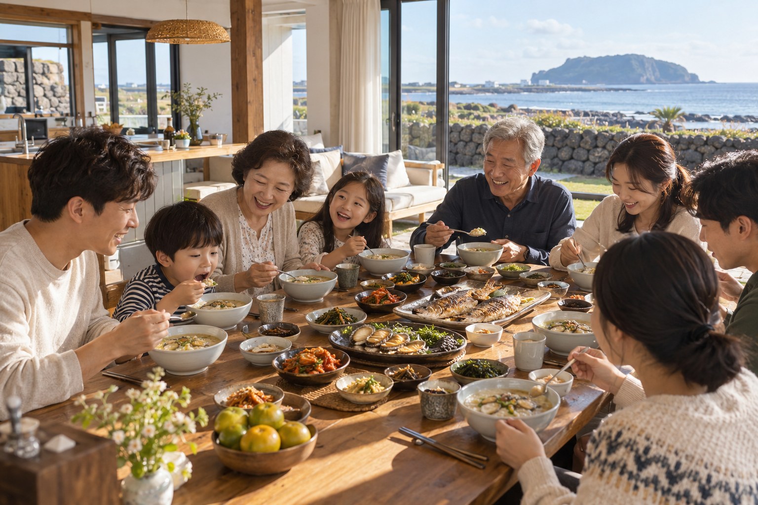 우도 숙소에서 아침 식사를 함께하는 여러 세대의 대가족