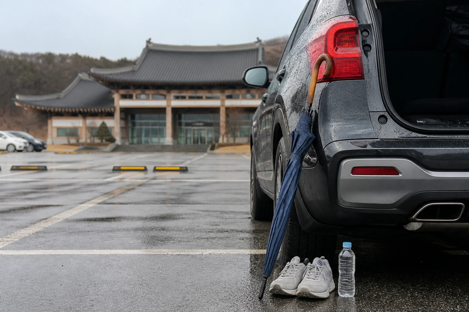 민통선 접경지 여행에서 비나 혼잡에 대비하는 장면으로, 자동차 옆 우산과 여행 준비물, 박물관·전시관 주변 주차 공간이 보이는 실용적인 여행 사진
