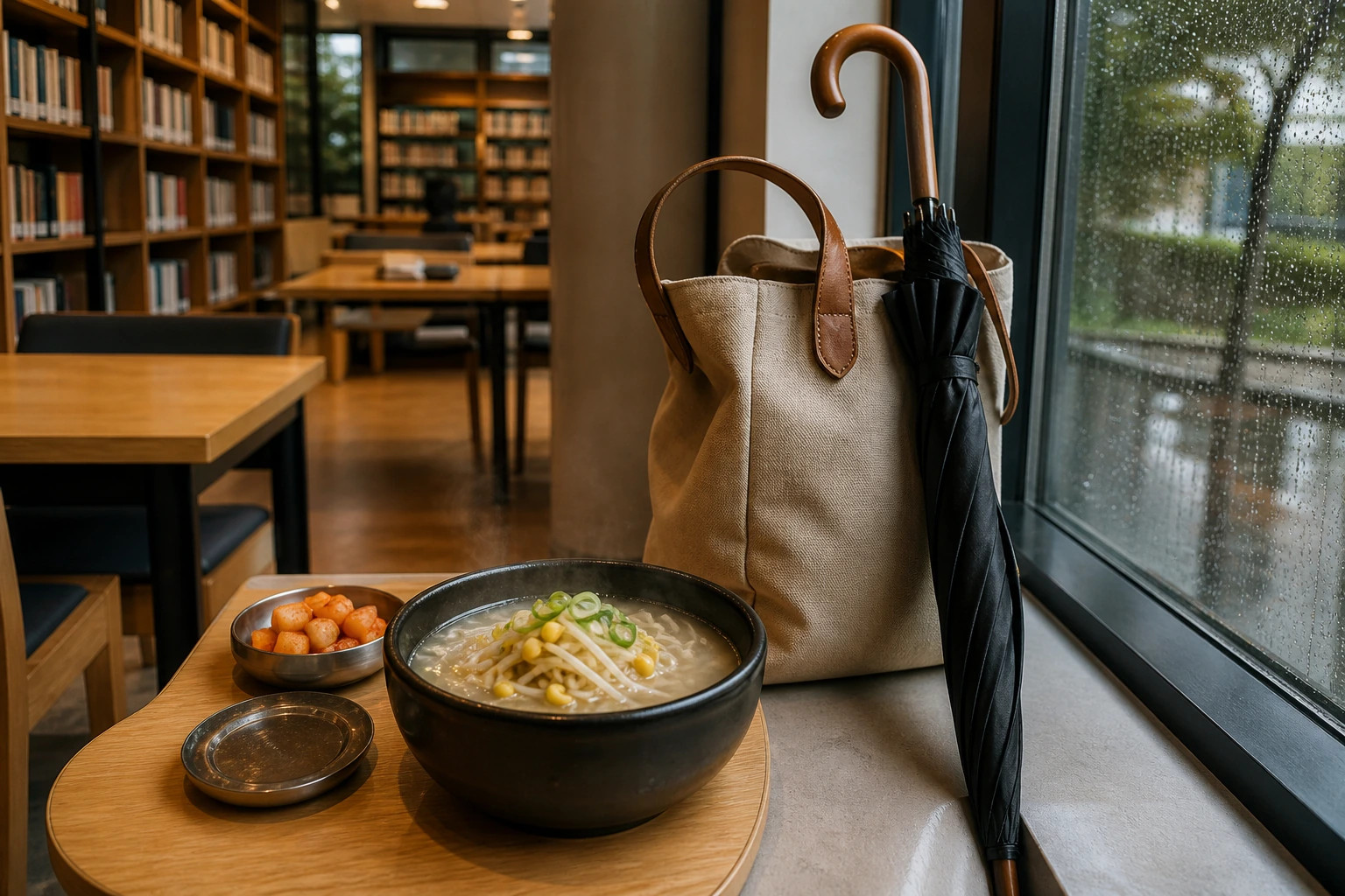 전주 비오는날 코스 중 도서관 독서 공간과 전주콩나물국밥을 함께 담은 실내 체류형 여행 이미지