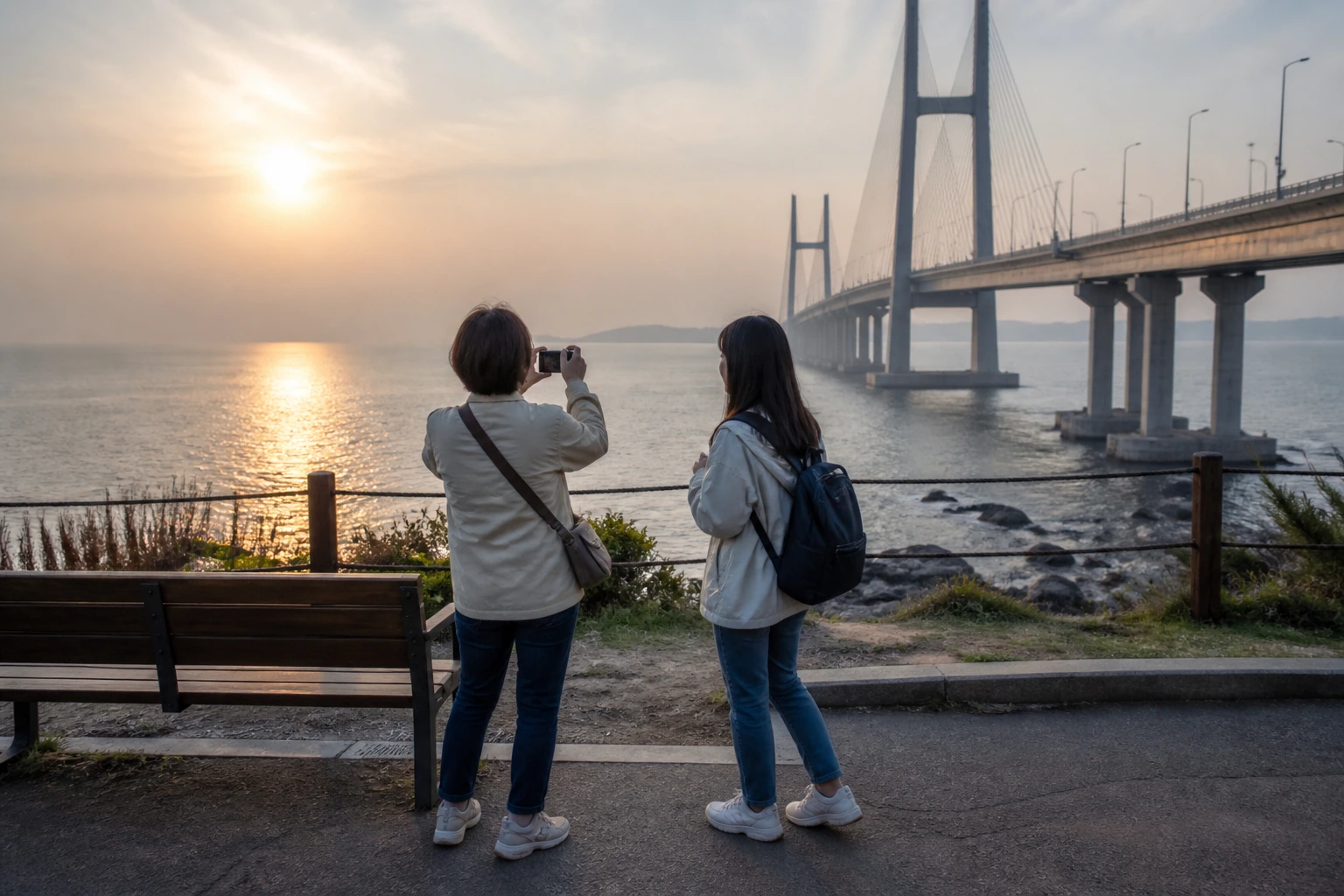 해안 전망 포인트에서 다리의 측면과 바다가 함께 보이는 산책형 가족 여행 장면