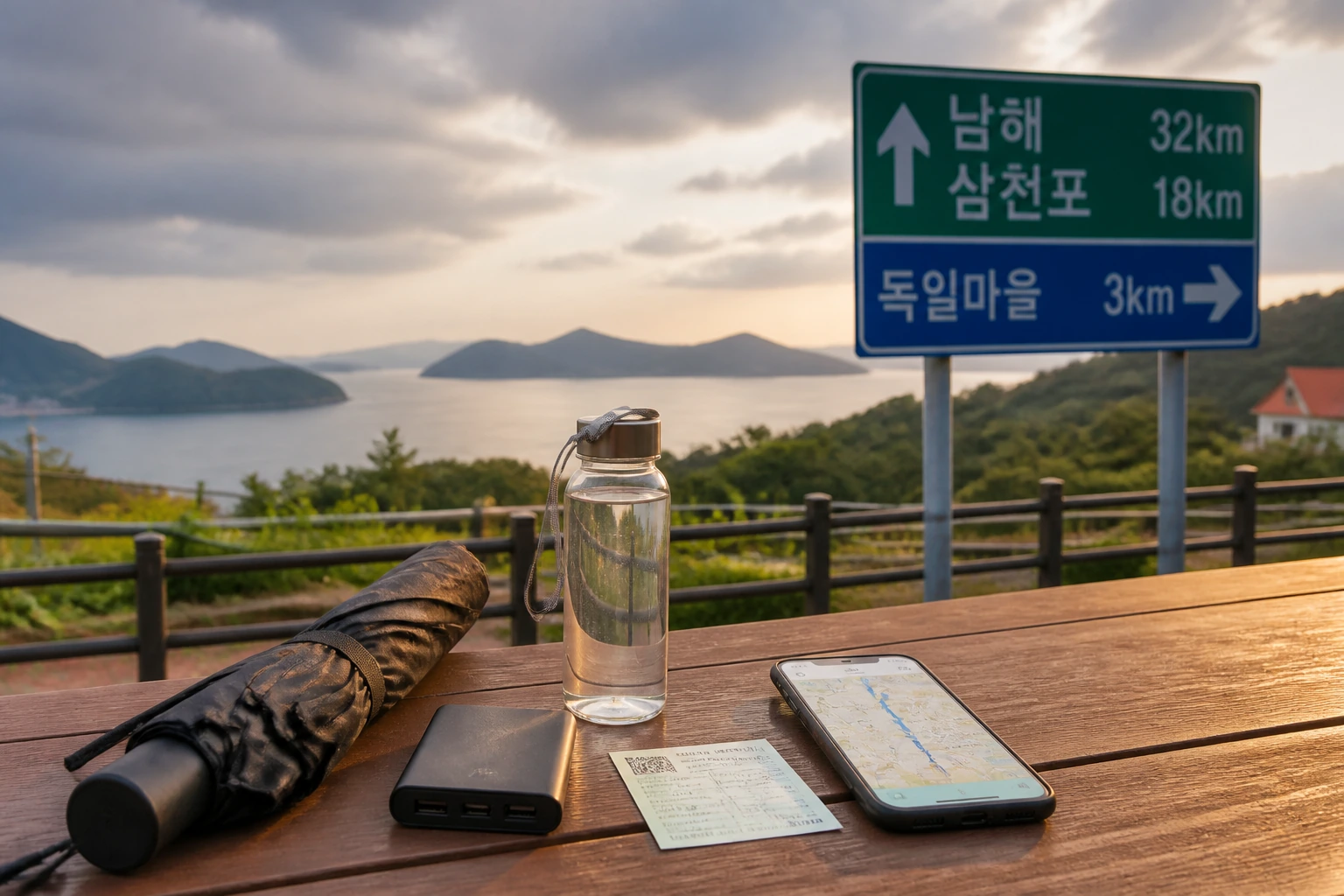우천이나 혼잡 상황에도 대비할 수 있도록 우산과 보조배터리, 물병, 주차 정보와 휴대폰 지도 앱을 함께 보여주는 여행 준비 이미지